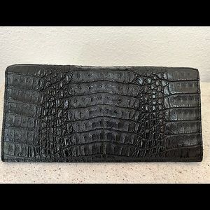 Caiman leather black clutch w accordion pleat expansion & inside zipper pocket.